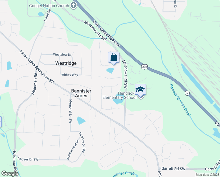 map of restaurants, bars, coffee shops, grocery stores, and more near 5114 Meadows Lake Drive in Powder Springs