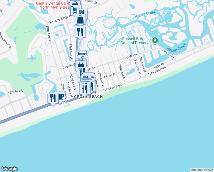 map of restaurants, bars, coffee shops, grocery stores, and more near 213 27th Avenue North in North Myrtle Beach