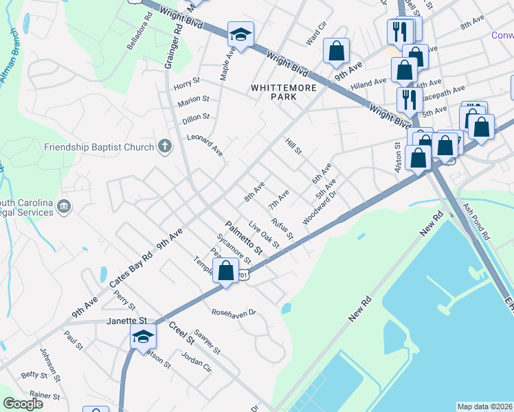 map of restaurants, bars, coffee shops, grocery stores, and more near 709 Rufus Street in Conway