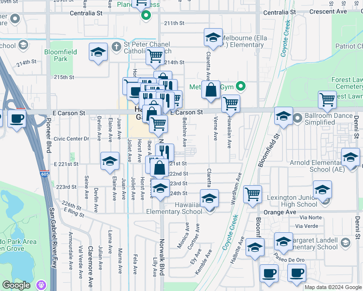 map of restaurants, bars, coffee shops, grocery stores, and more near 21913 Belshire Avenue in Hawaiian Gardens
