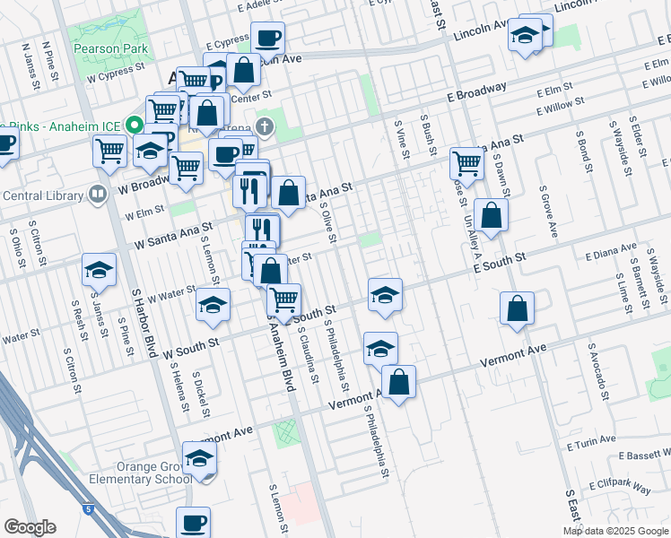 map of restaurants, bars, coffee shops, grocery stores, and more near 619 South Olive Street in Anaheim