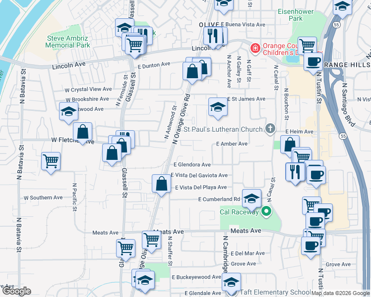 map of restaurants, bars, coffee shops, grocery stores, and more near 632 East Fellows Drive in Orange