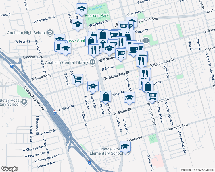 map of restaurants, bars, coffee shops, grocery stores, and more near 518 South Helena Street in Anaheim