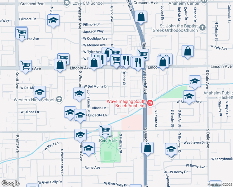 map of restaurants, bars, coffee shops, grocery stores, and more near 3070 West Del Monte Drive in Anaheim
