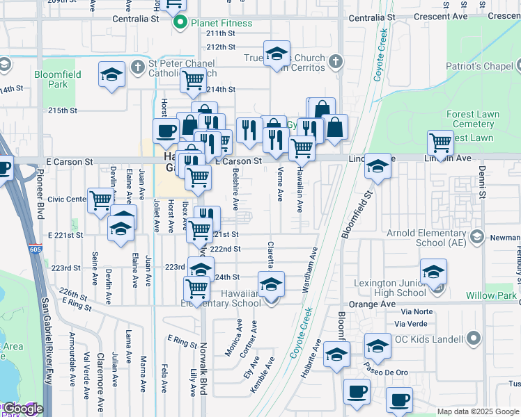 map of restaurants, bars, coffee shops, grocery stores, and more near 21909 Claretta Avenue in Hawaiian Gardens