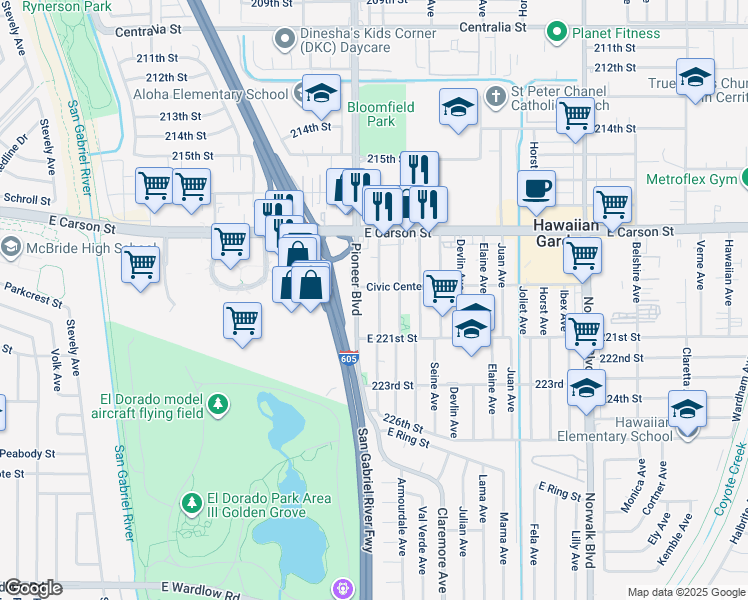 map of restaurants, bars, coffee shops, grocery stores, and more near 21826 Pioneer Boulevard in Hawaiian Gardens