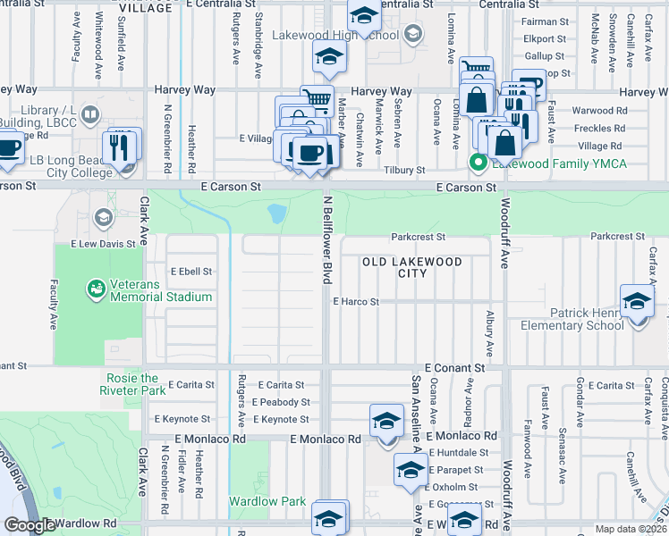 map of restaurants, bars, coffee shops, grocery stores, and more near 3859 Marber Avenue in Long Beach