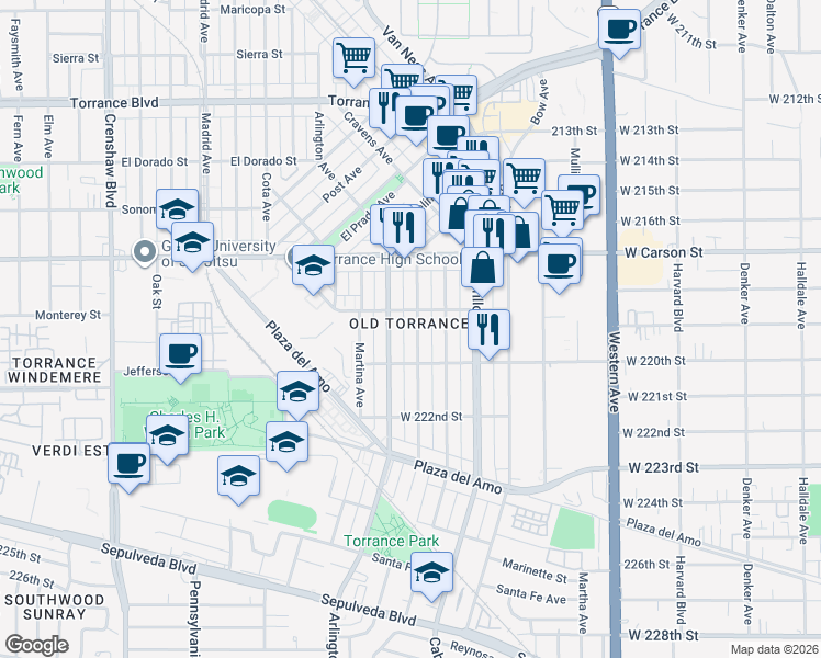 map of restaurants, bars, coffee shops, grocery stores, and more near in Torrance
