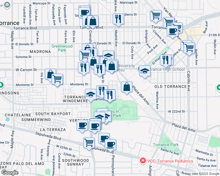 map of restaurants, bars, coffee shops, grocery stores, and more near 1780 Oak Street in Torrance