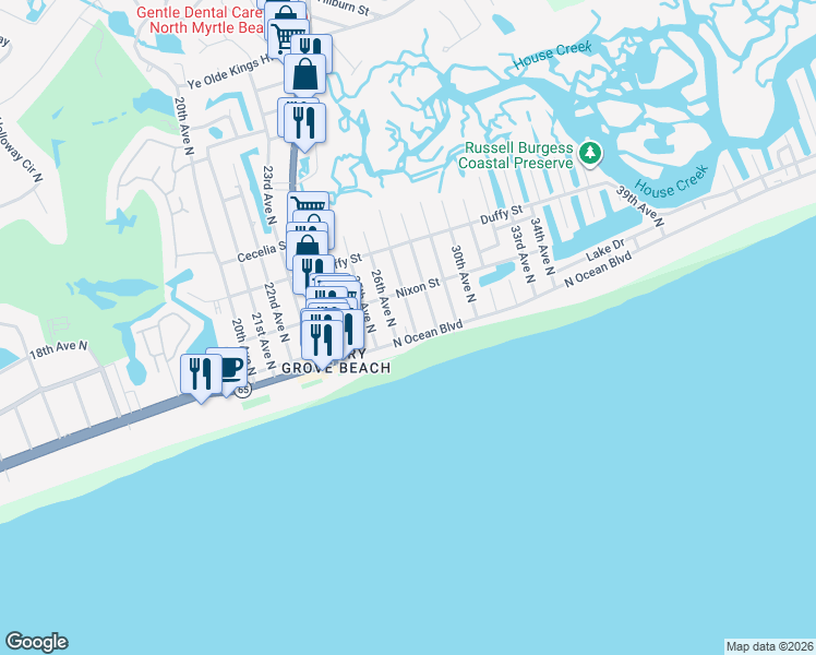 map of restaurants, bars, coffee shops, grocery stores, and more near 211 27th Avenue North in North Myrtle Beach
