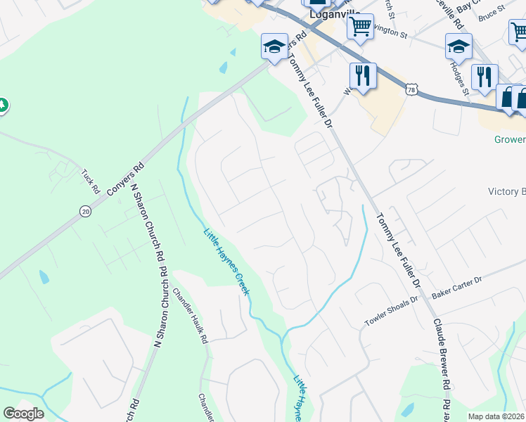 map of restaurants, bars, coffee shops, grocery stores, and more near 325 Big Game Way in Loganville