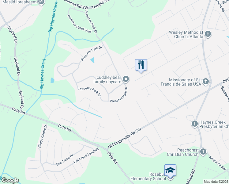map of restaurants, bars, coffee shops, grocery stores, and more near 1861 Mountain Park Run Southwest in Loganville
