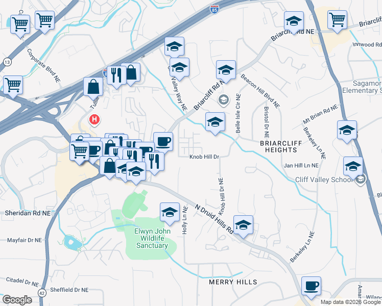 map of restaurants, bars, coffee shops, grocery stores, and more near 1644 Sabastian Point in Atlanta