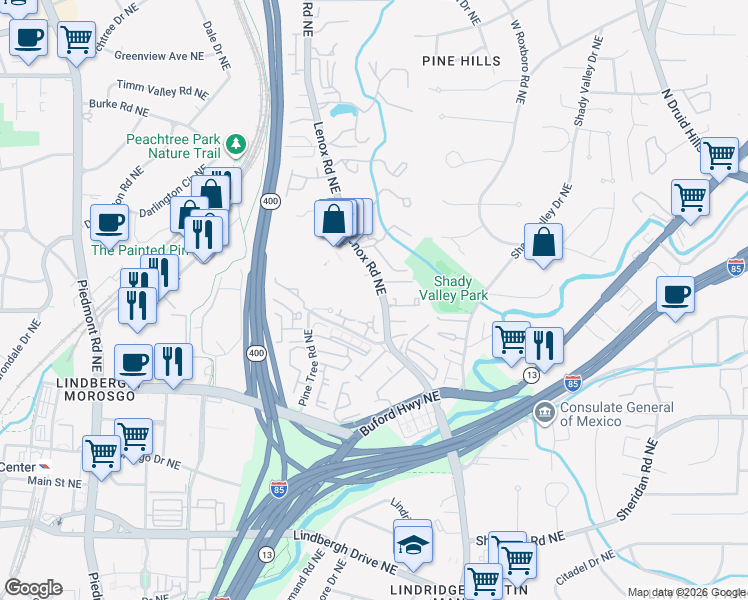 map of restaurants, bars, coffee shops, grocery stores, and more near 3113 Pine Heights Drive Northeast in Atlanta
