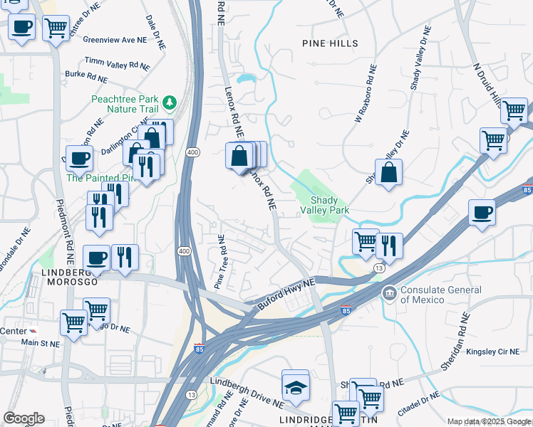 map of restaurants, bars, coffee shops, grocery stores, and more near 2760 Lenox Road Northeast in Atlanta