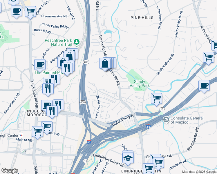 map of restaurants, bars, coffee shops, grocery stores, and more near 2716 Lenox Road Northeast in Atlanta