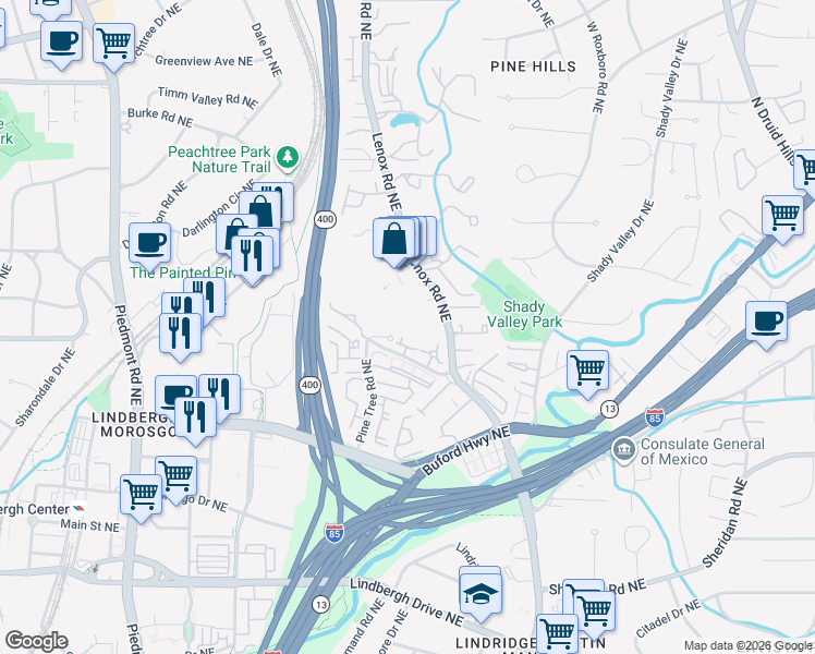 map of restaurants, bars, coffee shops, grocery stores, and more near 2716 Lenox Road Northeast in Atlanta
