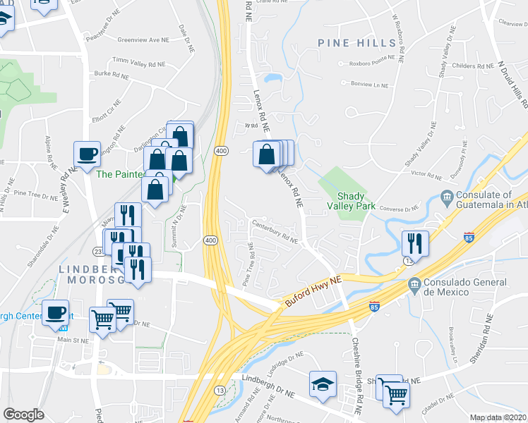 map of restaurants, bars, coffee shops, grocery stores, and more near 2716 Lenox Road Northeast in Atlanta