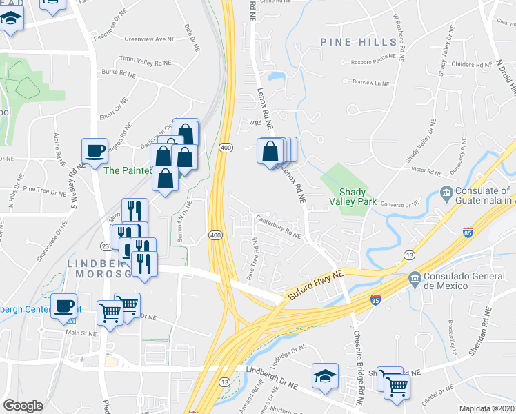 map of restaurants, bars, coffee shops, grocery stores, and more near 836 Canterbury Overlook in Atlanta