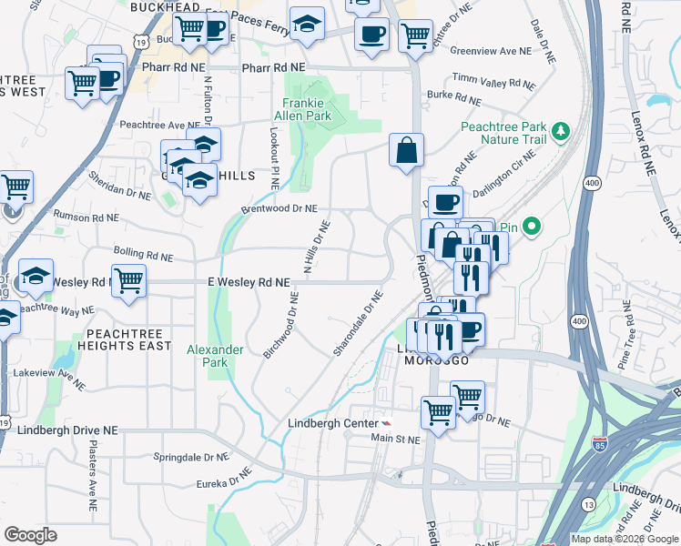 map of restaurants, bars, coffee shops, grocery stores, and more near 471 Pine Tree Drive Northeast in Atlanta