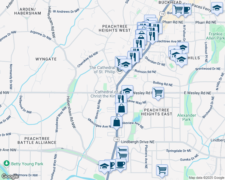 map of restaurants, bars, coffee shops, grocery stores, and more near 2734 Peachtree Road in Atlanta