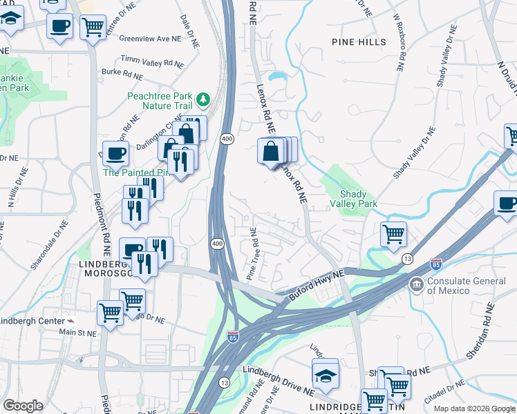 map of restaurants, bars, coffee shops, grocery stores, and more near 836 Canterbury Overlook in Atlanta