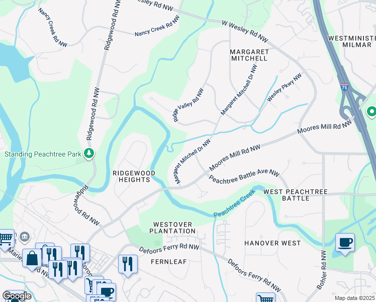 map of restaurants, bars, coffee shops, grocery stores, and more near 2700 Margaret Mitchell Drive Northwest in Atlanta