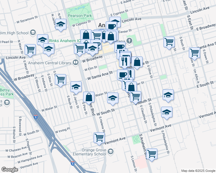map of restaurants, bars, coffee shops, grocery stores, and more near 542 South Clementine Street in Anaheim