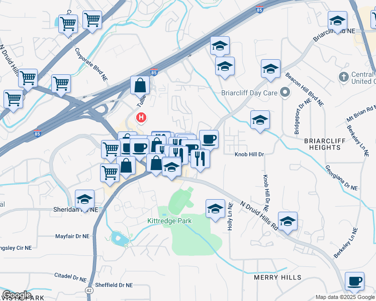 map of restaurants, bars, coffee shops, grocery stores, and more near Briarcliff Rd NE & Woodcliff Dr NE in North Druid Hills