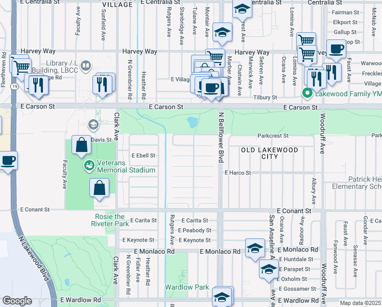map of restaurants, bars, coffee shops, grocery stores, and more near 3903 Stearnlee Avenue in Long Beach