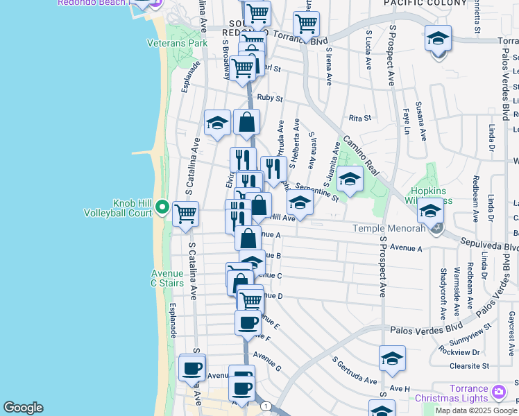 map of restaurants, bars, coffee shops, grocery stores, and more near 641 South Gertruda Avenue in Redondo Beach