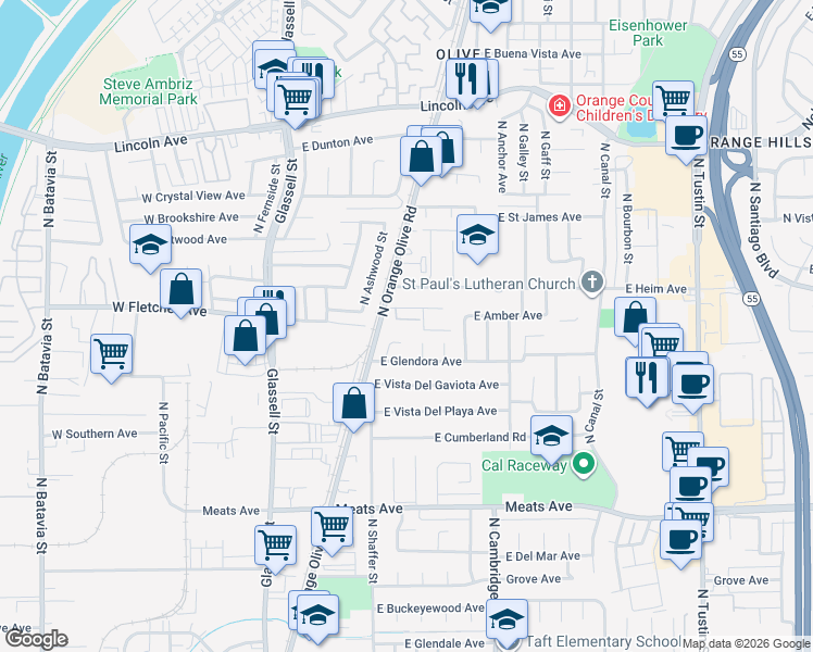 map of restaurants, bars, coffee shops, grocery stores, and more near 632 East Fellows Drive in Orange