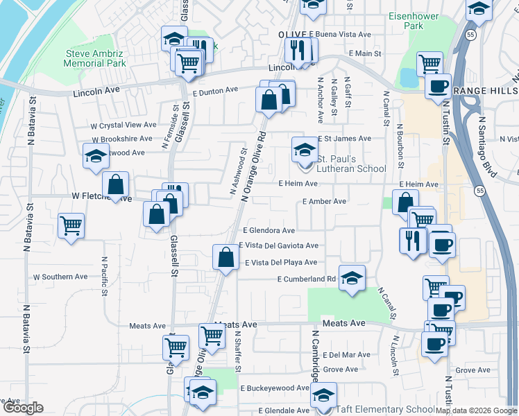 map of restaurants, bars, coffee shops, grocery stores, and more near 564 East Fellows Drive in Orange