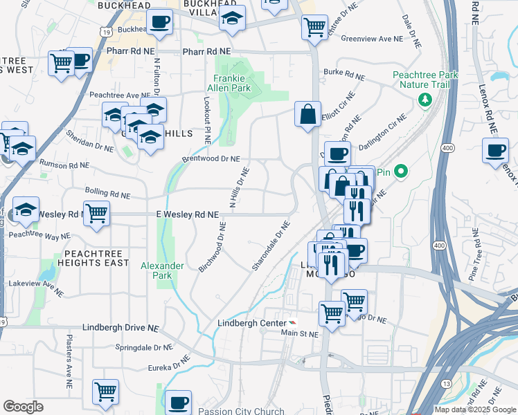 map of restaurants, bars, coffee shops, grocery stores, and more near 471 Pine Tree Drive Northeast in Atlanta