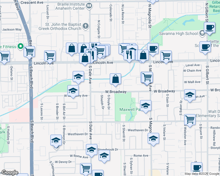 map of restaurants, bars, coffee shops, grocery stores, and more near 227 South Renoak Street in Anaheim