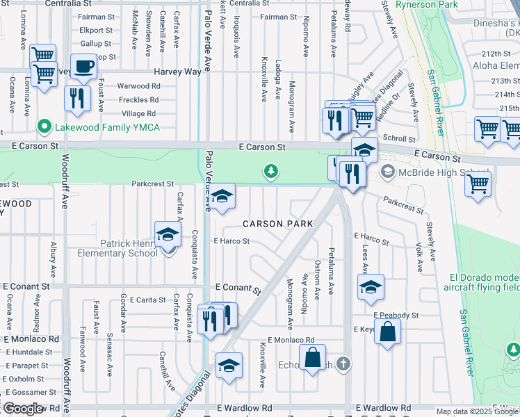 map of restaurants, bars, coffee shops, grocery stores, and more near 3952 Knoxville Avenue in Long Beach