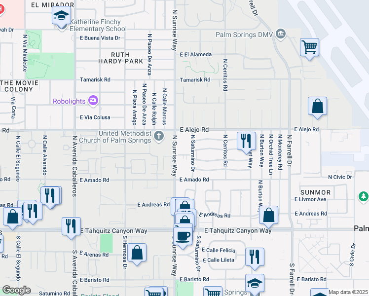 map of restaurants, bars, coffee shops, grocery stores, and more near 400 North Sunrise Way in Palm Springs