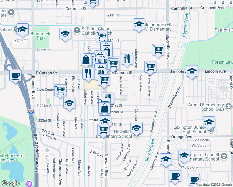 map of restaurants, bars, coffee shops, grocery stores, and more near 21913 Belshire Avenue in Hawaiian Gardens