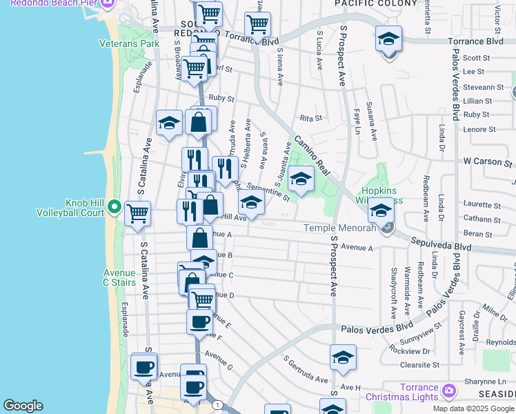 map of restaurants, bars, coffee shops, grocery stores, and more near 815 South Juanita Avenue in Redondo Beach