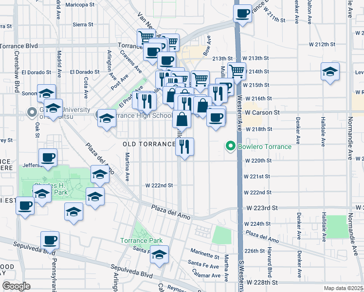 map of restaurants, bars, coffee shops, grocery stores, and more near 1822 1/2 Cabrillo Avenue in Torrance