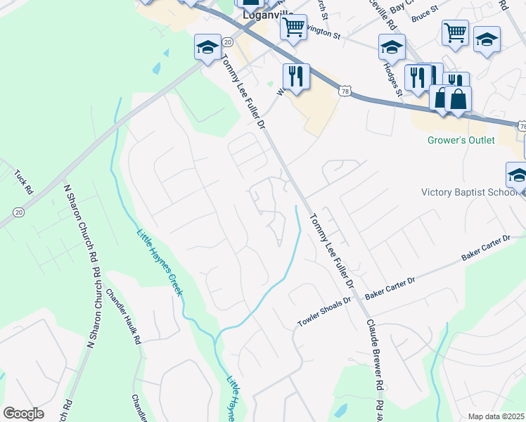 map of restaurants, bars, coffee shops, grocery stores, and more near Alexander Crossing in Loganville