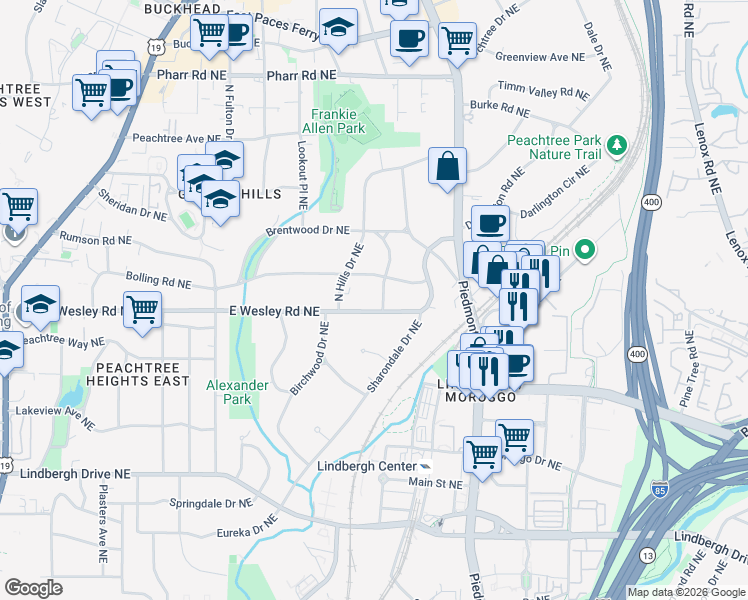 map of restaurants, bars, coffee shops, grocery stores, and more near 471 Pine Tree Drive Northeast in Atlanta