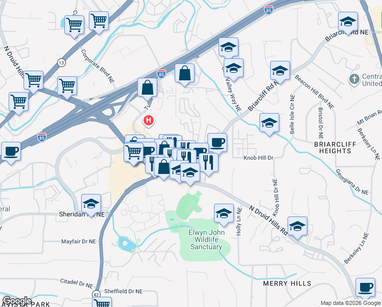 map of restaurants, bars, coffee shops, grocery stores, and more near 1601 Executive Park Lane Northeast in Atlanta