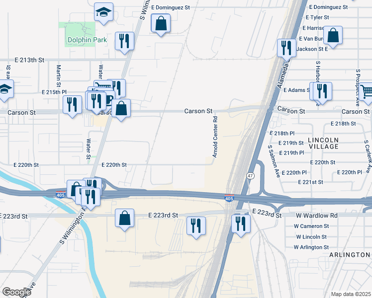 map of restaurants, bars, coffee shops, grocery stores, and more near 2255 East 220th Street in Long Beach