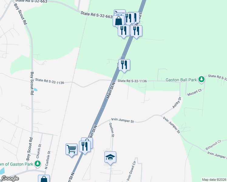 map of restaurants, bars, coffee shops, grocery stores, and more near 356 Main Street North in Gaston