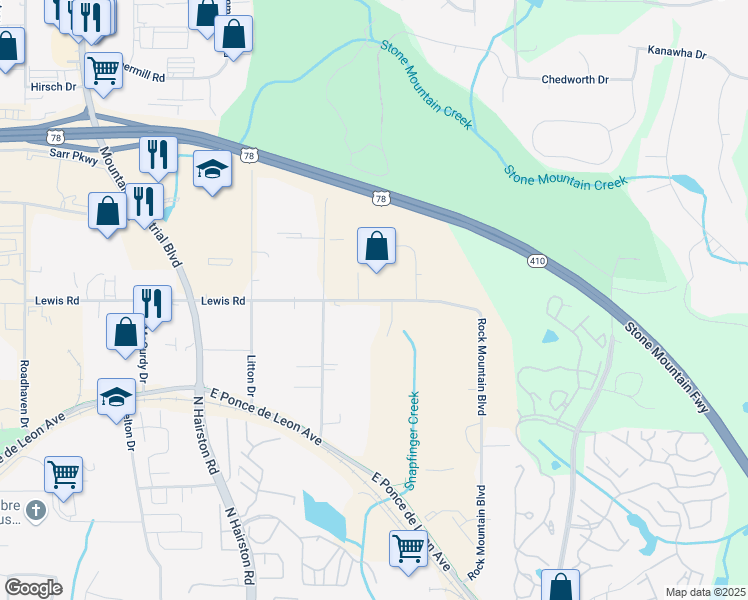 map of restaurants, bars, coffee shops, grocery stores, and more near 4893 Lewis Road in Stone Mountain