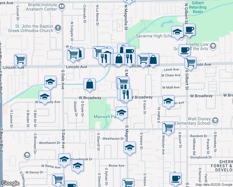 map of restaurants, bars, coffee shops, grocery stores, and more near 2627 West Broadway in Anaheim
