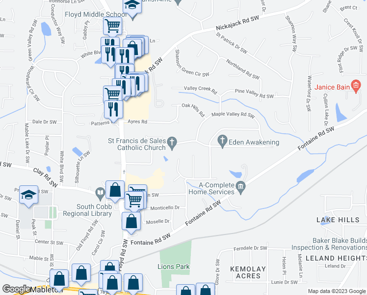 map of restaurants, bars, coffee shops, grocery stores, and more near 563 Landers Drive Southwest in Mableton