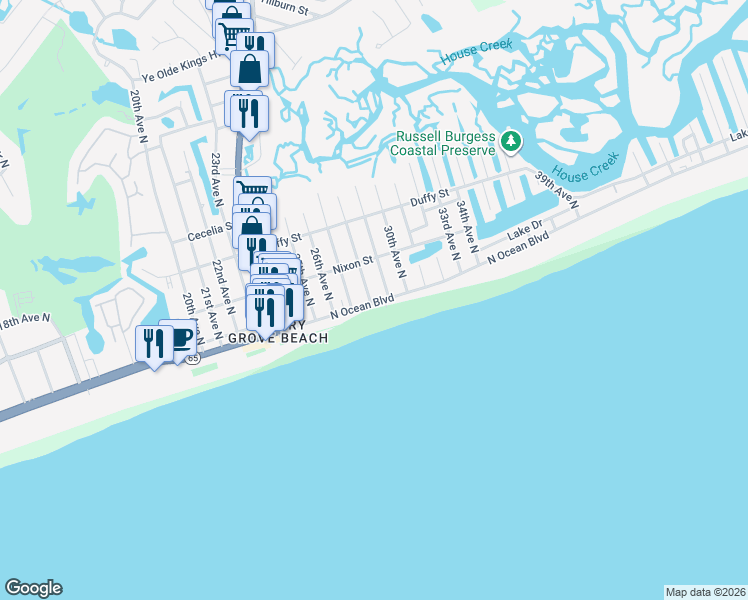 map of restaurants, bars, coffee shops, grocery stores, and more near 208 28th Avenue North in North Myrtle Beach
