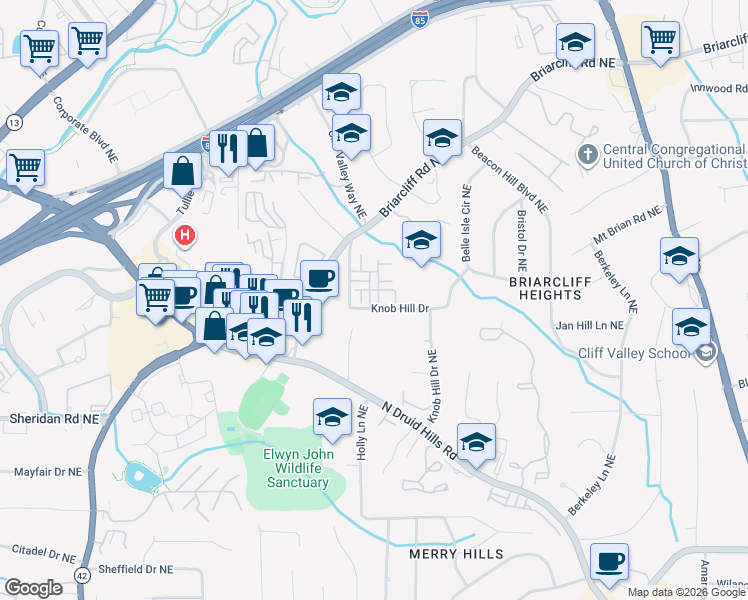 map of restaurants, bars, coffee shops, grocery stores, and more near 1644 Sabastian Point in Atlanta